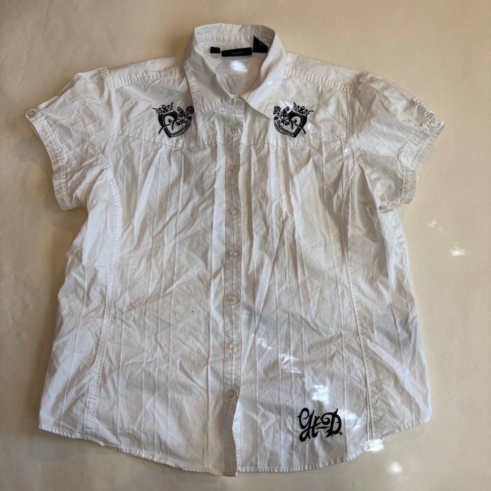 Harley Davidson Womens XL White Short Sleeve Button Down Embroidered Biker Shirt